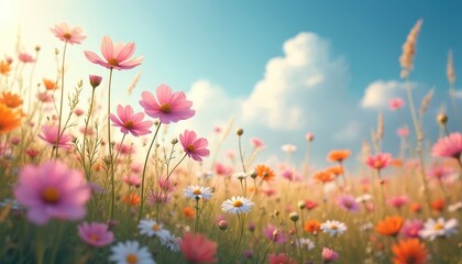 Vibrant meadow filled with pink, white, orange wildflowers under bright blue sky with fluffy clouds. Delicate petals, green stems create natural, serene atmosphere. Soft light illuminates field,