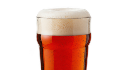 A close up of a tall glass filled with amber beer and a thick foamy head isolated on transparent background