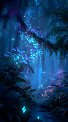 Cinematic journey through a glowing bioluminescent jungle with luminous flowers, fireflies, butterflies, and surreal atmosphere