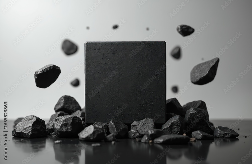 Poster textured black square surrounded by floating dark rocks against light gray background. minimalist sc