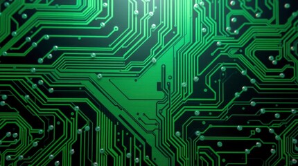 Vivid green circuit board pattern with silver contact points set against a dark background