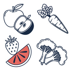 Fresh fruits and vegetables illustration featuring apple, carrot, and broccoli