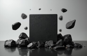 Obraz na płótnie Canvas Textured black square surrounded by floating dark rocks against light gray background. Minimalist scene setup with abstract stone shapes, dark objects, creating modern, clean aesthetic for product