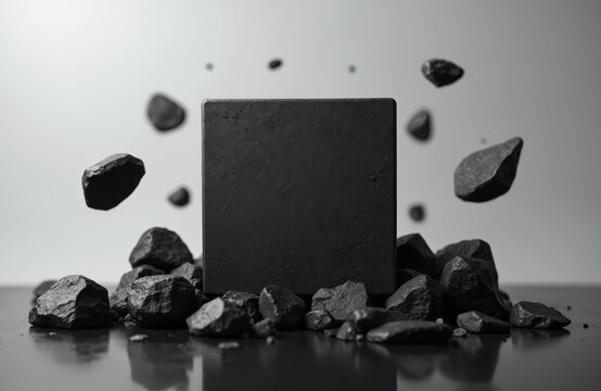 Textured black square surrounded by floating dark rocks against light gray background. Minimalist scene setup with abstract stone shapes, dark objects, creating modern, clean aesthetic for product