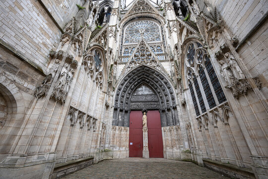 Impressive front face of Cath&eacute;drale Notre-Dame de Rouen - Intricate stonework and carvings on The largest Facade on any Cathedral in France 