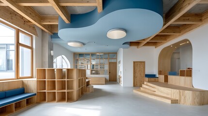 Modern Kindergarten Classroom with Blue Ceiling Detail / 青い天井のディテールが特徴的なモダンな幼稚園の教室