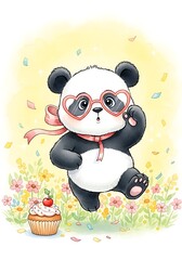 Cute Panda with Heart Glasses and Cupcake.