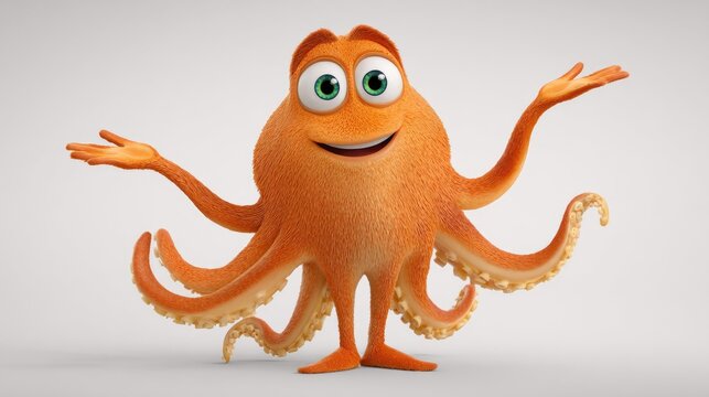 Animated orange octopus character with outstretched arms.