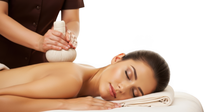 Woman receiving a relaxing herbal compress massage on her back isolated on transparent background