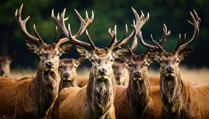 A close-up view of a group of majestic red deer, their impressive antlers prominently featured, in a natural outdoor setting.