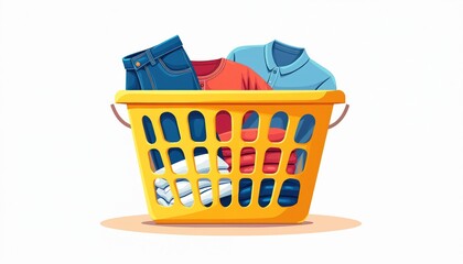 Fototapeta premium Yellow laundry basket overflows with folded clothes, including jeans, t-shirts, collared shirts, ready for washing. Cartoon illustration domestic chores, household cleaning with simple, clean design.