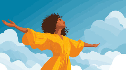Illustrated Minimalist Woman in Yellow Dress Reaching Up to Sky Art