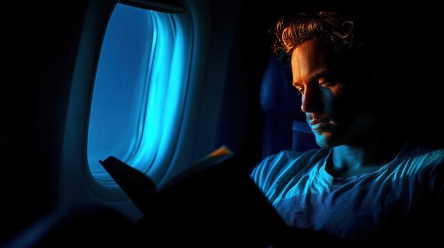 Tired male business traveler reading by airplane window in cool blue light and warm orange glow
