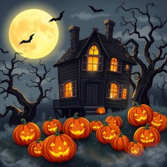 Fototapeta premium halloween, pumpkin, chestnut, autumn, moon, bat, house, tree