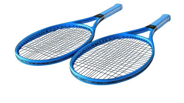 Two blue tennis rackets angled against a stark, dark background