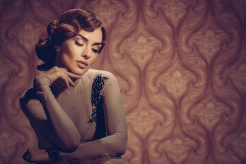 Elegant woman in vintage style with hand on face in glamourous atmosphere. Elegant woman in sheer...