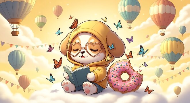 Cartoon dog with heart glasses reading book surrounded by hot air balloons and butterflies - Powered by Adobe