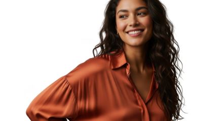 Smiling young woman with long wavy hair wearing a satin blouse isolated on transparent background