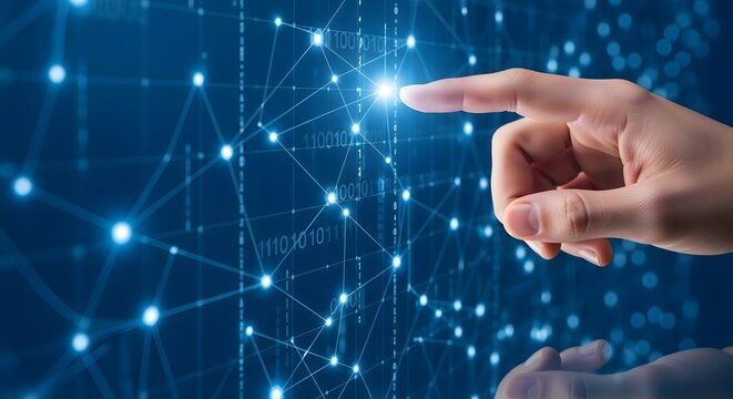 Exploring the future of technology: hand touching digital network interface for innovation era