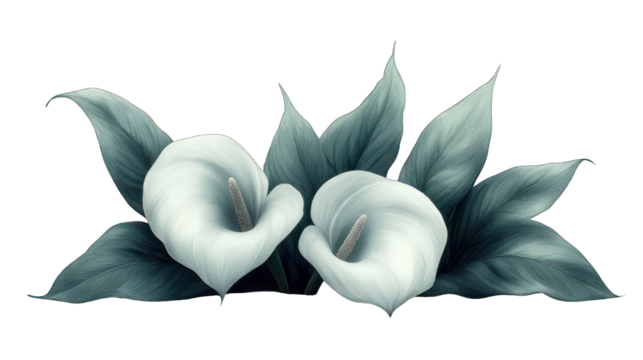 Two elegant white calla lilies surrounded by lush, verdant green leaves - Powered by Adobe
