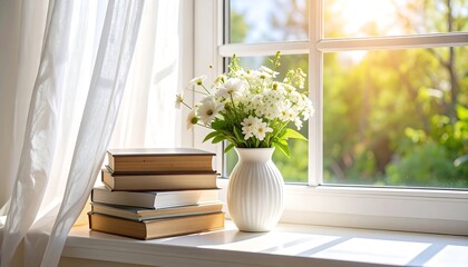 Sunny Window with Books, and Flowers.