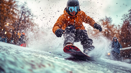 Dynamic Snowboarders Performing Tricks in Winter Sports Park with Snow Flying
