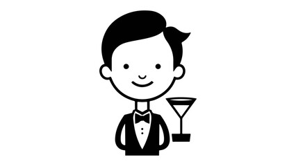 simple bartender shape with a little drink on the side black and white vector illustration, simple shape of a smiling servant vector illustration