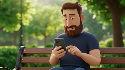 Man with beard using smartphone on park bench with focus and expression during summer day outdoors in nature for communication, news, social media or online connection