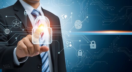 Secure data protection concept businessman touching virtual lock digital cybersecurity system