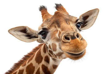 Obraz premium Giraffe Close-up Portrait, Curious Eyes and Gentle Smile on white background