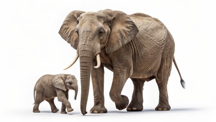 Fototapeta premium African Elephant and Calf Walking Together Isolated on White Background