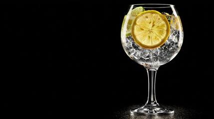 Image of a gin and tonic in a balloon glass with lemon and ice, black background image with copyspace