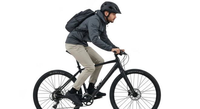 Man wearing a helmet and backpack riding a bicycle isolated on transparent background