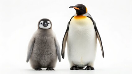 Adorable Penguin Chick and Adult King Penguin isolated on White Background