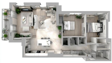 Modern apartment floor plan with open-concept layout.