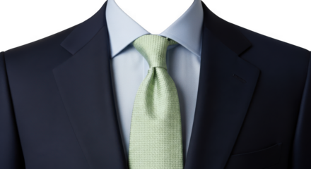 Formal navy blue suit with light green textured tie and light blue shirt isolated on transparent background
