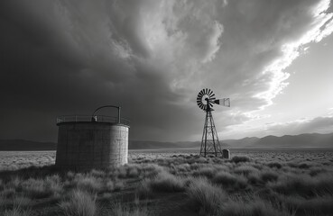 Dramatic black, white landscape featuring vintage windmill pumping water into large concrete tank. Arid grassland stretches towards distant mountains under cloudy, atmospheric sky. Scene evokes