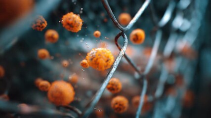 A close up of a wire fence with orange balls on it. The balls are small. Pathogen particles trapped behind metallic grid fence, biosecurity, sci-tech conceptual closeup