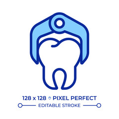 Dental surgery pixel perfect line color icon. Tooth extraction procedure, instrument. Oral healthcare, stomatology. Isolated vector illustration. Flat colorful symbol design. Editable stroke