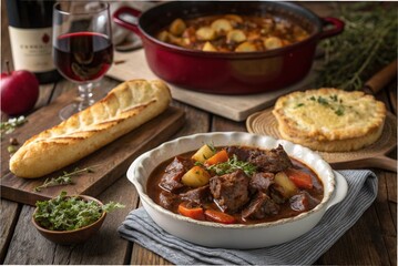 Beef bourguignon (beef stew in red wine), potato gratin, baguette, and apple tart, on a wooden farmhouse table with a cozy rustic kitchen atmosphere