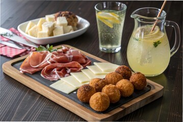 Arancini (fried rice balls), Prosciutto & cheese platter and Italian lemonade, on a dark wooden table