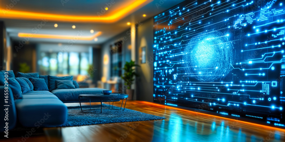 Poster futuristic living room with advanced ai-driven user interface enhancing interaction models in consum