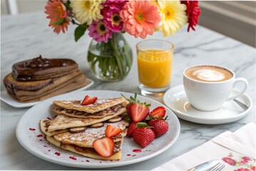 Cr&ecirc;pes with Nutella & strawberries, fresh orange juice, cappuccino, on a bright marble table with flowers in a vase