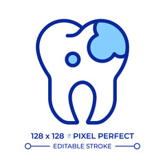 Tooth decay pixel perfect line color icon. Dental caries. Infection, toothache. Oral hygiene, stomatology. Isolated vector illustration. Flat colorful symbol design. Editable stroke