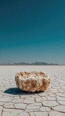 Solitary rock on cracked earth, vast blue sky