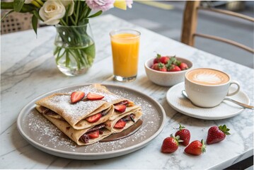 Cr&ecirc;pes with Nutella & strawberries, fresh orange juice, cappuccino, on a bright marble table with flowers in a vase