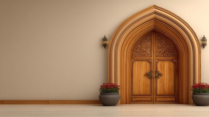Ornate wooden double doors with arched entryway.