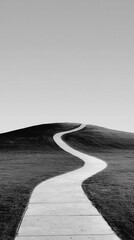Fototapeta premium Winding path ascends a grassy hill against a pale sky