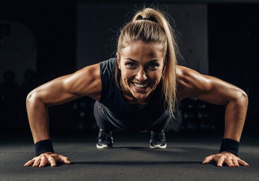 Woman performing push-up exercise with bright smile in gym setting. Dynamic bodyweight training content for fitness center promotional banners