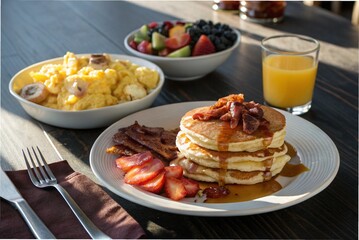 Pancakes with maple syrup, scrambled eggs with bacon, fresh fruit salad and orange juice, on a dark wooden table with morning sunlight and a casual weekend vibe
